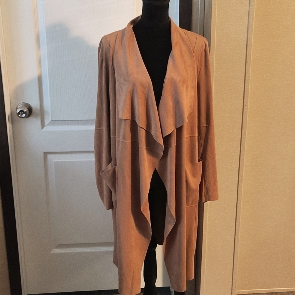 Bagatelle Collection Faux Suede Drape Front Long Jacket Size 1X Color Tan